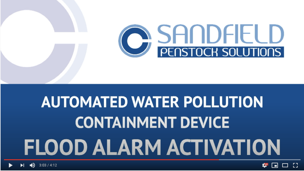 Hello and welcome to another Sandfield Penstock Solutions video looking at our ToggleBlok system, this time we are linking the pollution containment device to a flood alarm or high level alarm. We are looking here at a situation where you might have flood water coming into your property, or into your business, and what you want to do is shut down the drainage networks to stop the below ground flow entering the premises and causing damage. Equally it could be an effluent treatment plant where you might have an overflow system and what you want to do is if that overflow ever gets the point where it's at the limit and about to discharge you are able to send a signal so the surface water drains that might be vulnerable to an overflow are actually able to shut down. Those are the sort of scenarios where a pollution containment device activated by a flood or high level alarm is appropriate. What we have here is a nice Euro Gauge flood monitoring system, these alarms are readily available and we use them a lot. Very simple we have three floats on this one, you don't have to use three floats you could actually only use just the two. So what I'm going to do instigate with this bucket, with the aid of the bucket how this flood alarm activation works. As I increase the water level we have three stages of alarms which will give us three warning lights, one, two and on the third - which is our excess maximum that will trigger the valve to shut. To demonstrate how that will work I'll take my bucket of water, hopefully I'll keep my head out of the way so that you can see what's happening. We now have an alarm on level one, we've got now an alarm on level two, now we'll get to the third alarm. What's happened here now is as we’ve gone into the third alarm we've instigated the closure of the valve. Now that the alarm has triggered the pollution containment device you will not be able to open that valve until the flooding issue has been resolved. That valve is now holding itself shut and even if the control panel is removed the pollution containment device remains locked and it won’t allow you to put in an open sequence until you remove the flooding or you remove the issue that has triggered the valve closure. So nicely and simply that's how it works. Exactly the same with an oil interceptor alarm, or any other device that is connected to the GSM network - it's the same sort of operation. So now I'm stuck with all of this water which has to be removed before I can open the valve again. I hope that was nice and simple for you explained a little bit of the technology that we design and instal to support our customers in overcoming their water pollution challenges.