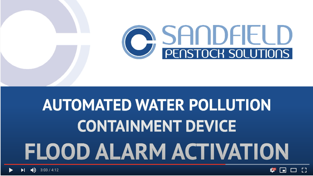 Hello and welcome to another Sandfield Penstock Solutions video looking at our ToggleBlok system, this time we are linking the pollution containment device to a flood alarm or high level alarm. We are looking here at a situation where you might have flood water coming into your property, or into your business, and what you want to do is shut down the drainage networks to stop the below ground flow entering the premises and causing damage. Equally it could be an effluent treatment plant where you might have an overflow system and what you want to do is if that overflow ever gets the point where it's at the limit and about to discharge you are able to send a signal so the surface water drains that might be vulnerable to an overflow are actually able to shut down. Those are the sort of scenarios where a pollution containment device activated by a flood or high level alarm is appropriate. What we have here is a nice Euro Gauge flood monitoring system, these alarms are readily available and we use them a lot. Very simple we have three floats on this one, you don't have to use three floats you could actually only use just the two. So what I'm going to do instigate with this bucket, with the aid of the bucket how this flood alarm activation works. As I increase the water level we have three stages of alarms which will give us three warning lights, one, two and on the third - which is our excess maximum that will trigger the valve to shut. To demonstrate how that will work I'll take my bucket of water, hopefully I'll keep my head out of the way so that you can see what's happening. We now have an alarm on level one, we've got now an alarm on level two, now we'll get to the third alarm. What's happened here now is as we’ve gone into the third alarm we've instigated the closure of the valve. Now that the alarm has triggered the pollution containment device you will not be able to open that valve until the flooding issue has been resolved. That valve is now holding itself shut and even if the control panel is removed the pollution containment device remains locked and it won’t allow you to put in an open sequence until you remove the flooding or you remove the issue that has triggered the valve closure. So nicely and simply that's how it works. Exactly the same with an oil interceptor alarm, or any other device that is connected to the GSM network - it's the same sort of operation. So now I'm stuck with all of this water which has to be removed before I can open the valve again. I hope that was nice and simple for you explained a little bit of the technology that we design and instal to support our customers in overcoming their water pollution challenges.
